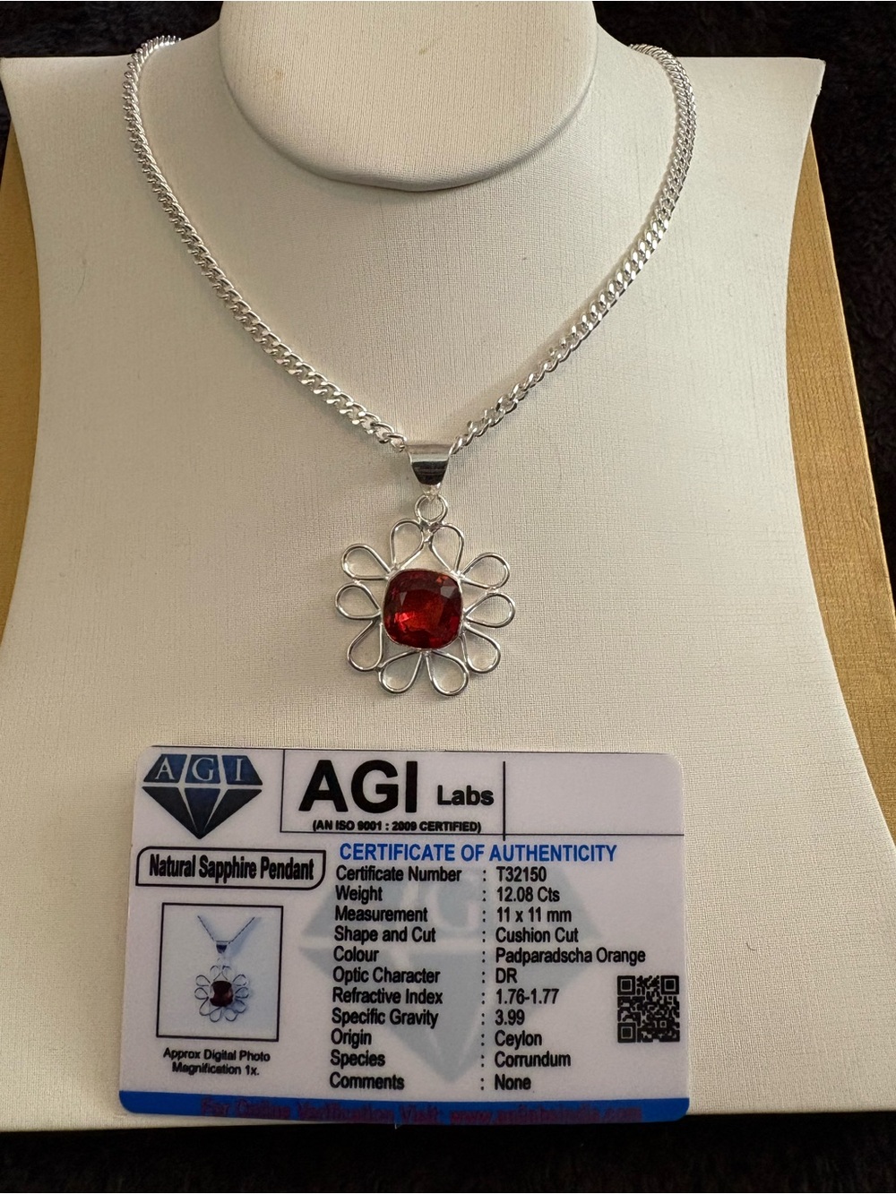 Artisan Silver Necklace with Orange-Red Cushion Sapphire Pendant
